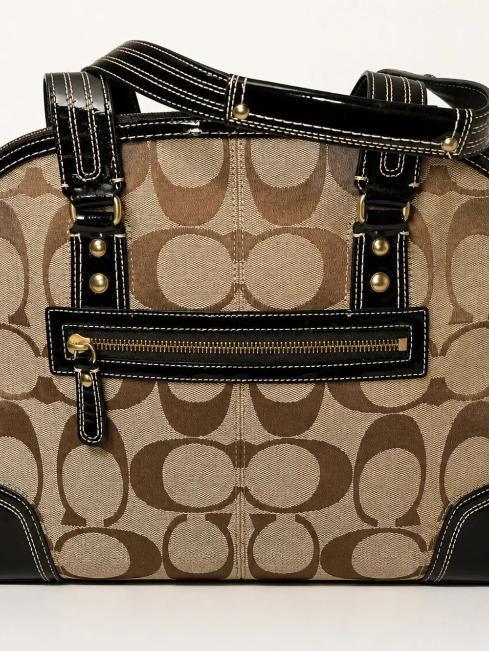 Coach Signature Canvas Satchel with Black Trim and Gold Hardware
